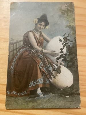 Gibson Postcard Woman With Giant Egg Vintage 1914 Handwritten Postmark Colored - Image 1