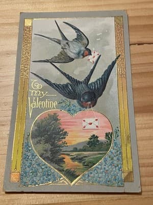 Vintage Embossed Valentine Postcard Swallows Gold Foil Heart Handwritten Back - Image 1