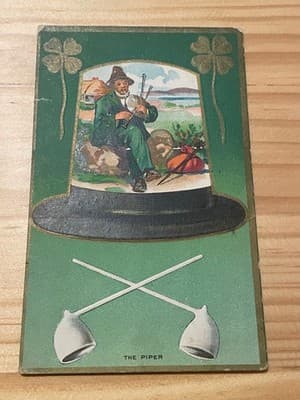 Vintage The Piper Postcard Unposted Embossed Green Bagpiper Shamrock Collectible - Image 1