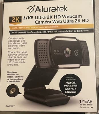 Aluratek Webcam 2K HD AWC2KF Auto Focus USB Dual Mics Windows Mac Android Chrome - Image 1