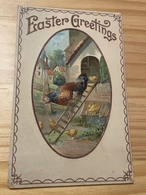 Vintage Easter Postcard Hen Chicks Farm Scene Handwritten Back Unposted - Image 1