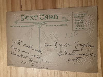 Vintage Embossed Valentine Postcard Swallows Gold Foil Heart Handwritten Back - Thumbnail 2