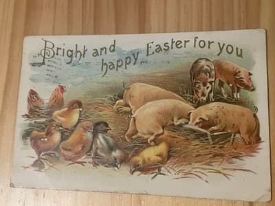 Vintage 1907 Easter Postcard Chicks Pigs Bright Happy Easter Postmarked - Image 1