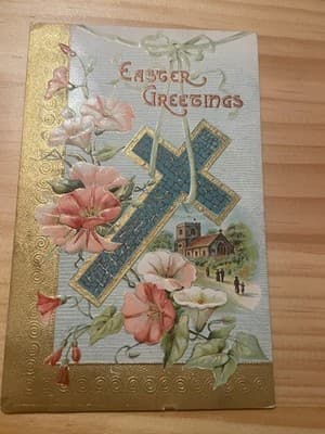 Vintage Easter Postcard Embossed Cross Floral Made in Germany Unused Postcard - Image 1