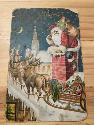 Vintage 1910 Christmas Postcard Santa Reindeer Sleigh Detroit Postmark Stamped - Image 1