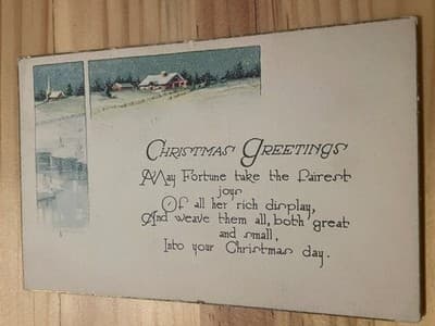 Vintage Christmas Postcard Winter Cottage Scene Christmas Greetings Postmarked - Image 1