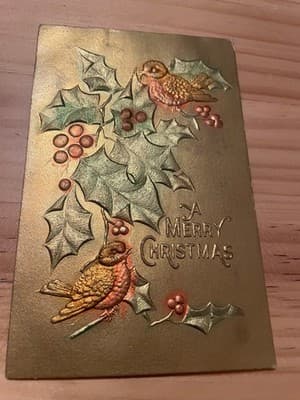 Vintage Embossed Merry Christmas Postcard Birds Holly Gold Hand Tinted 1c US - Image 1