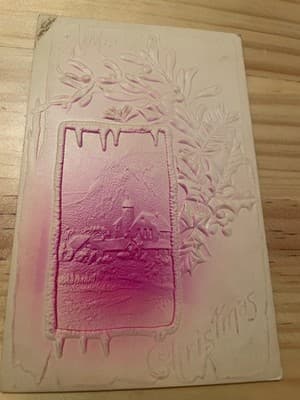 Antique Vintage Embossed Christmas Postcard Pink Village Scene Handwritten Back - Image 1