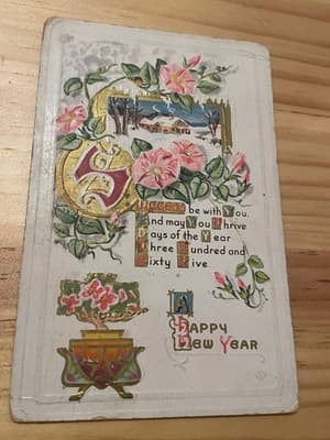 Vintage Embossed New Year Postcard Early 1900s Floral Gold Chicago Postmark - Image 1