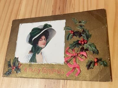 Antique Christmas Postcard 1909 Divided Back Gold Embossed Holly Merry Xmas - Image 1