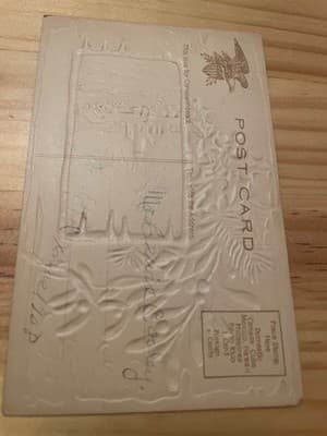 Antique Vintage Embossed Christmas Postcard Pink Village Scene Handwritten Back - Thumbnail 2