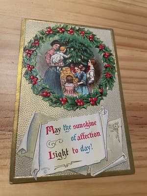 Vintage Embossed Christmas Postcard Children Tree Holly Wreath Divided Back - Image 1