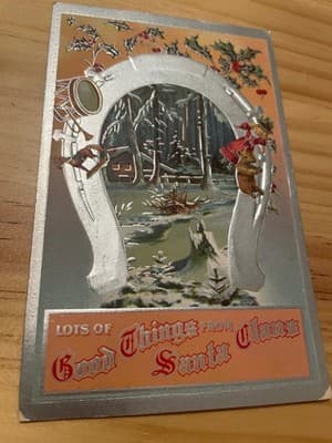 Vintage 1909 Embossed Christmas Postcard Lots of Good Things from Santa Silver - Image 1