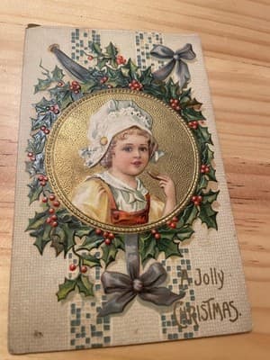 Vintage Embossed Christmas Postcard Jolly Christmas Gold Wreath Postmarked - Image 1