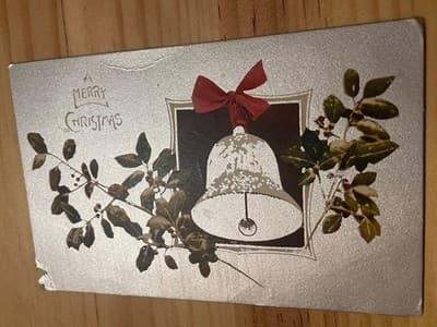 Merry Christmas Bell Postcard Handwritten Back Silver Embossed Vintage Unposted - Image 1