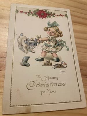 Vintage Embossed Glitter Christmas Postcard Girl Puppy Poinsettia Gold Trim - Image 1