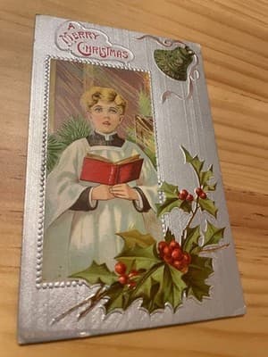 Vintage Embossed Christmas Postcard 1909 Choir Boy Holly A Merry Christmas - Image 1