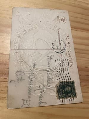 Vintage Embossed Christmas Postcard Jolly Christmas Gold Wreath Postmarked - Thumbnail 2