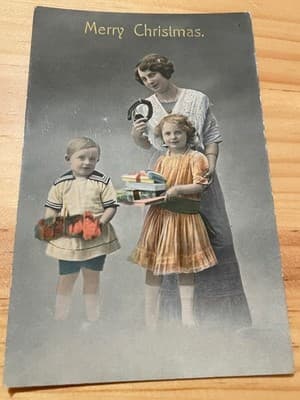 Vintage Merry Christmas Postcard Printed in Saxony Holiday Children Gift Boxes - Image 1
