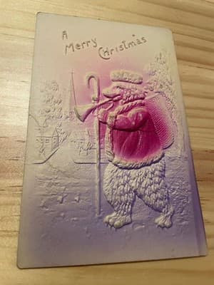 A Merry Christmas Embossed Santa Bear Postcard Vintage Unposted Holiday Card - Image 1