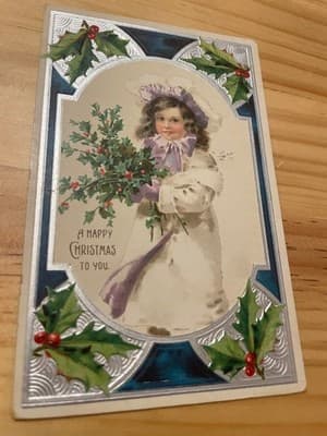Vintage Embossed Christmas Postcard 1907 Divided Back Germany Holly Girl Postal - Image 1