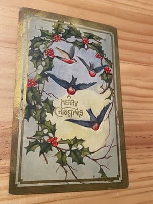Vintage Christmas Postcard Robins Holly Gold Border Unposted Handwritten Antique - Image 1