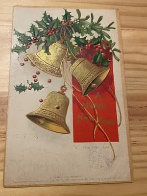 Vintage 1909 Postcard A Happy New Year Embossed Gold Bells Christmas Postmarked - Image 1