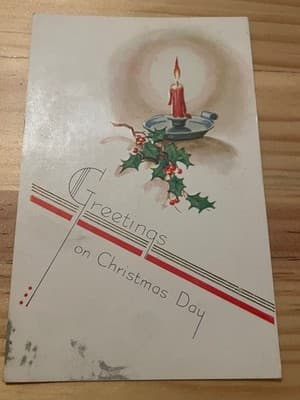 Vintage Christmas Postcard Embossed Candle Holly Handwritten 1c Stamp Unposted - Image 1