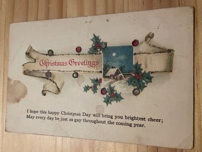 Vintage Christmas Greetings Postcard Embellished Glitter Holly Divided Back - Image 1