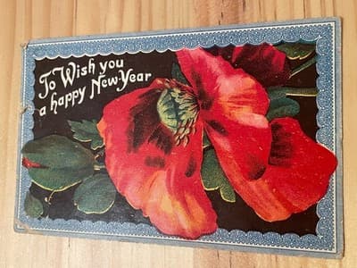 Vintage Poppy To Wish You a Happy-New-Year Postcard Handwritten Address Stamp - Image 1