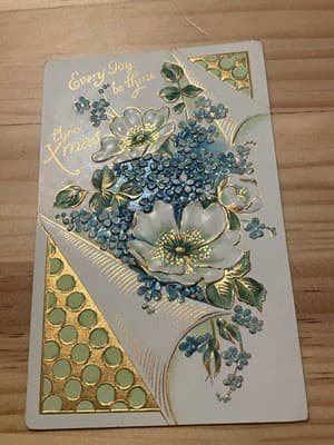 Embossed Floral Christmas Postcard Gold Blue Every Joy Be Thine Handwritten - Image 1