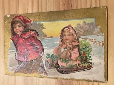 Vintage Christmas Postcard Embossed Children Sled Gold Glitter Victorian Holiday - Image 1