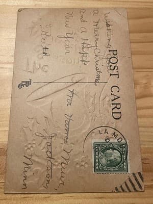 Vintage Embossed Christmas Postcard The Seasons Greeting Bell Gold Trim Mailed - Thumbnail 2