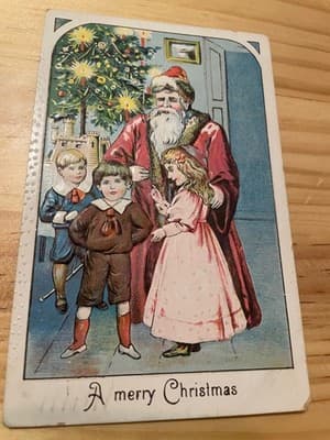 Vintage Embossed Christmas Postcard Made in Germany Santa & Children Postmarked - Image 1