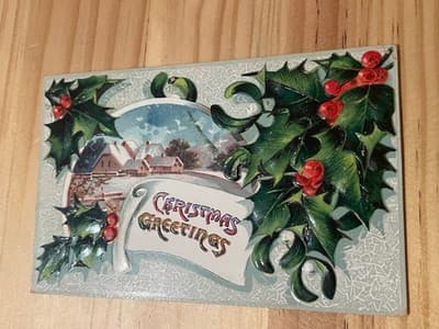 Vintage Embossed Christmas Postcard Made in Saxony Christmas Greetings Holly - Image 1