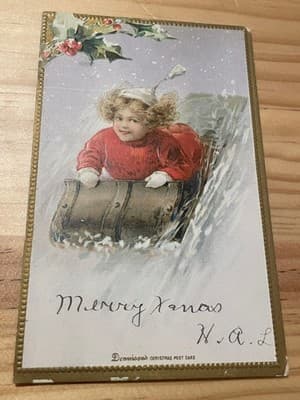 Dennison Christmas Postcard Vintage 1908 Child Sledding Merry Xmas Embossed - Image 1