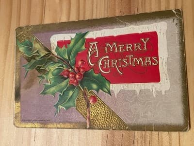 John Winsch 1910 Embossed Christmas Postcard A Merry Christmas Holly Gold Border - Image 1