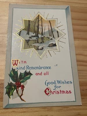 Vintage Embossed Christmas Postcard Holly Winter Scene Gold Foil Mailable - Image 1