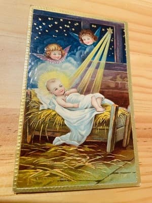 Vintage Embossed Christmas Postcard Baby Jesus Angels Printed in Germany Gilded - Image 1