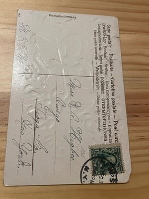 Vintage Embossed New Year Postcard Printed in Germany Angel Harp Floral Used - Thumbnail 2