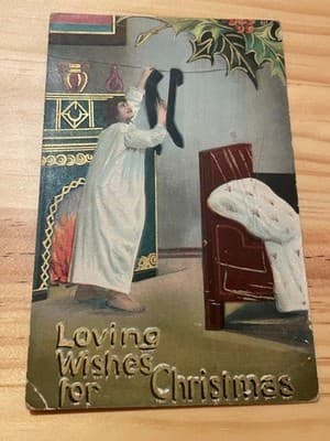 Vintage Christmas Postcard Loving Wishes For Christmas Embossed Litho Used - Image 1