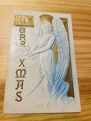 Vintage Embossed Christmas Postcard Angel Gold Foil Blue MERRY XMAS Handwritten - Image 1