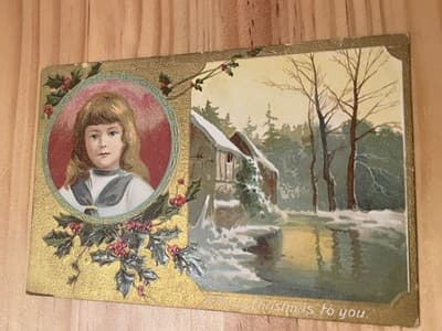 Vintage Embossed Christmas Postcard Unused Printed in Germany Gold Border Snowy - Image 1