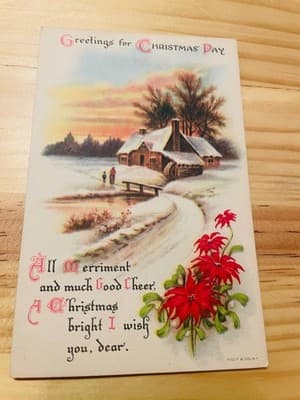 Wolf Co Postcard Christmas Snowy Cottage Poinsettia Unposted Vintage Greeting - Image 1