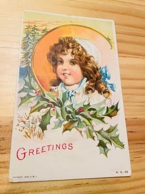 Vintage 1908 Greetings Postcard Holly Child Illustration P.C. 53 Handwritten - Image 1