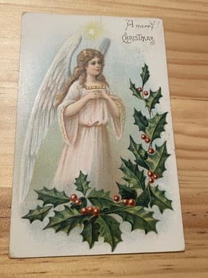 Vintage 1909 Christmas Postcard Angel Holly Printed in Germany Postmarked - Image 1