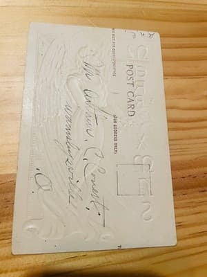 Vintage Embossed Christmas Postcard Angel Gold Foil Blue MERRY XMAS Handwritten - Thumbnail 2