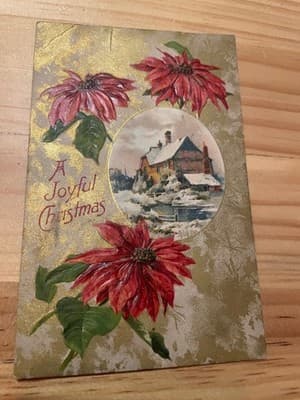 Embossed Christmas Postcard Poinsettia Winter House Postmarked Early 1900s - Image 1