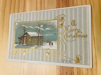 Vintage 1912 Christmas Postcard Mailed Stayton Oregon Embossed Gold Winter Scene - Image 1
