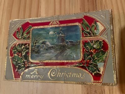 Vintage Embossed A Merry Christmas Postcard Windmill Snow Scene 1910 Mailed - Image 1